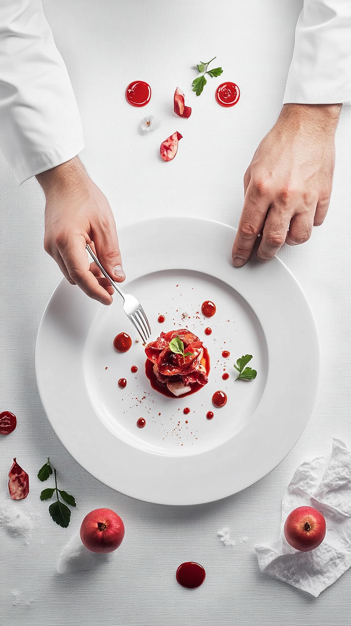 Instructor arranging plated dish in bright kitchen